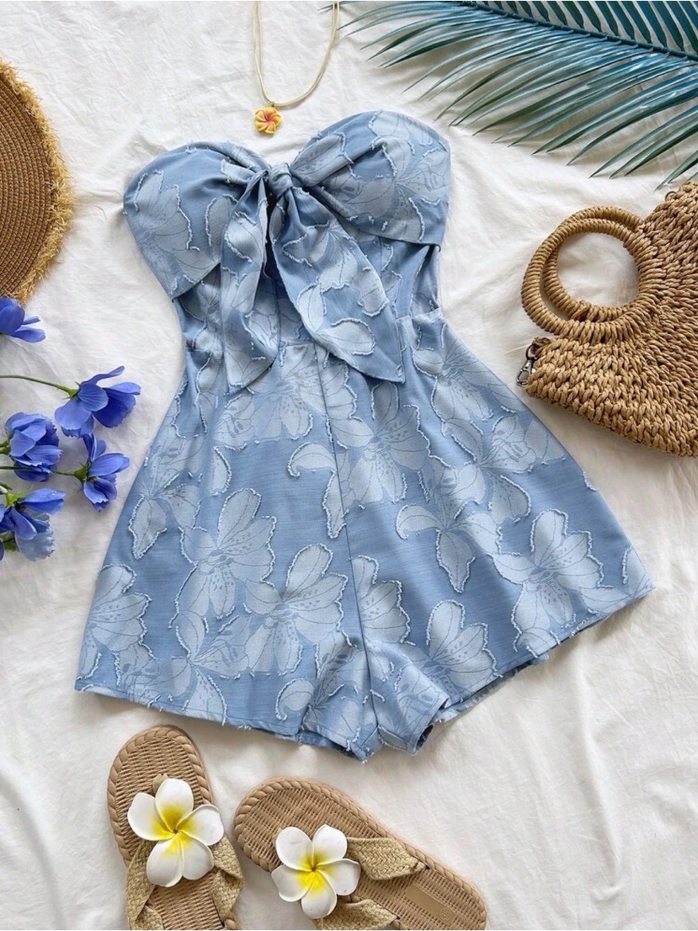 Strapless Bow-Front Floral Romper in Light Blue